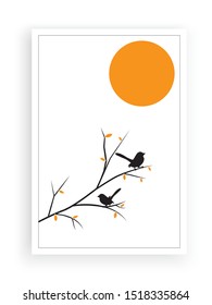 Birds on Branch silhouettes on sunset or full Moon Vector, Wall Decals, Birds on Tree Design, Couple of Birds Silhouette. Nature Art Design, Wall Decor isolated on white background