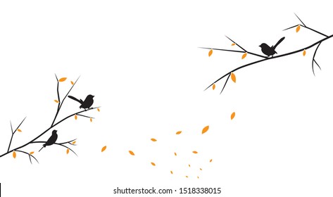 Birds on Branch silhouettes on sunset or full Moon Vector, Wall Decals, Birds on Tree Design, Couple of Birds Silhouette. Nature Art Design, Wall Decor isolated on white background