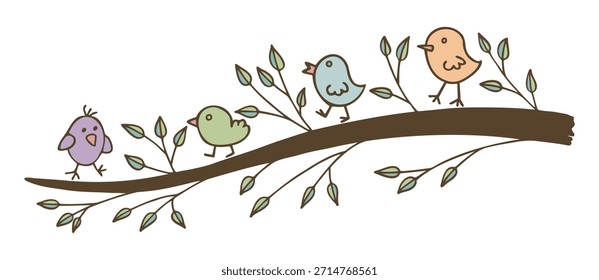 Aves en una rama de un árbol de primavera con hojas. Fondo lindo de la primavera, Elementos para la decoración. Mano dibujando garabatos. Estilo del dibujo de los niños