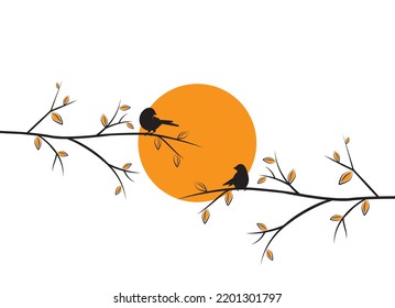 Birds on branch on sunset isolated on white background, vector. Birds silhouettes on branch in spring, illus. Wall decals, artwork, wall art design. Natural background. Beautiful minimalist art design
