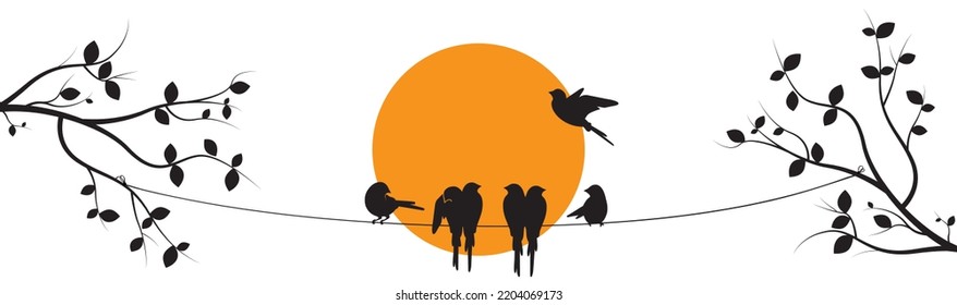 Birds on branch on sunset isolated on white background, vector. Birds silhouettes on branch in spring, illus. Wall decals, artwork, wall art design. Natural background. Beautiful minimalist art design