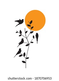 Birds on branch at sunset, vector. Two birds silhouettes on branch. Wall decals isolated on white background. Scandinavian minimalist art design. Wall art, artwork. Poster design