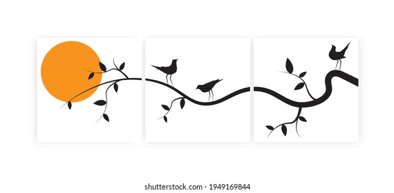 Birds on branch on sunset, vector. Three pieces minimalist poster art design. Birds silhouettes illustration isolated on white background. Wall art, artwork, wall decals. Canvas art printing