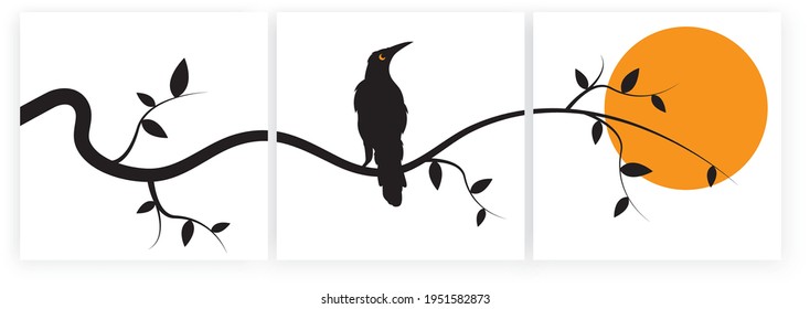 Birds on branch on sunset, vector. Three pieces minimalist poster art design. Raven bird illustration isolated on white background. Wall art, artwork, wall decals. Canvas art printing