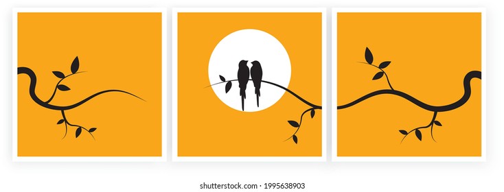 Birds on a branch on sunset, vector. Scandinavian minimalism art design. Birds illustration isolated on yellow background. Wall art, artwork, romantic love poster design. 