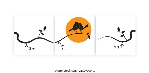 Birds on branch on sunset, vector. Three pieces minimalist poster art design. Birds silhouettes illustration isolated on white background. Wall art, artwork, wall decals. Canvas art printing