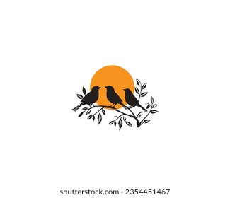 Birds on a branch on sunset, vector. Birds silhouette isolated on white background, vector illustration. Wall decals, art decoration, wall artwork. 