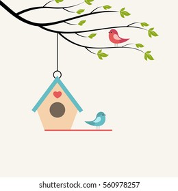 Birds on branch of tree and birdhouse. Vector illustration on light background.