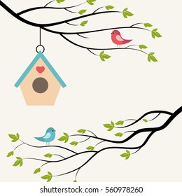 Birds on branch of tree and birdhouse. Vector illustration on light background.