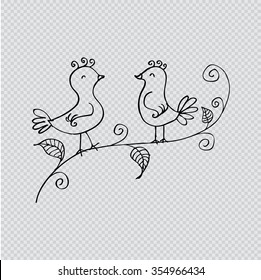  Birds on branch, two romantic birds sitting on the tree. Hand drawing illustration.