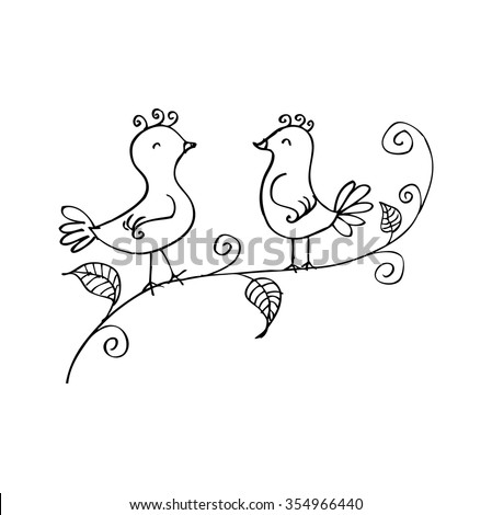  Birds on branch, two romantic birds sitting on the tree. Hand drawing illustration.