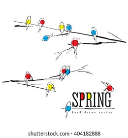 Birds on branch vector card, various birds silhouettes made with ink pen, singing and chirping birds are marked with different colors. Spring background.