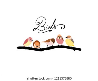 Birds on a branch vector color silhouette illustration with letters text typography. Happy simple colorful small different cute birds siting on a tree branch in deferent shape poses.