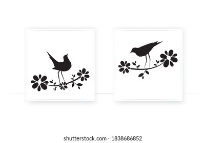Aves en rama, vector. Ilustración de siluetas de aves, aisladas en fondo blanco, obras de arte en la pared. Diseño de arte minimalista escandinavo. Diseño de afiches de dos piezas en el marco. 