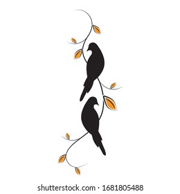 Birds on branch, vector. Two birds silhouettes on branch. Branch illustration in autumn. Scandinavian minimalist art design. Wall art, artwork. Poster design