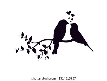 Birds on Branch Vector, Wall Decals, Birds Couple in Love, Birds Silhouette on branch and Hearts Illustrations isolated on white background .Art Decoration, Wall Decor