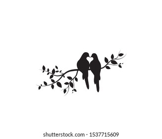 Birds on Branch Vector, Wall Decals, Birds Couple in Love, Birds Silhouette on tree and Hearts Illustrations isolated on white background .Art Decoration, Wall Decor