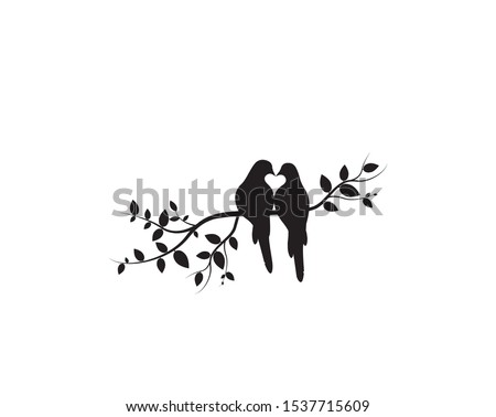 Birds on Branch Vector, Wall Decals, Birds Couple in Love, Birds Silhouette on tree and Hearts Illustrations isolated on white background .Art Decoration, Wall Decor 商業照片 © 