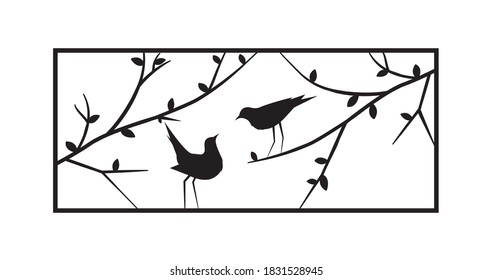 Birds on branch, view of a window, vector. Birds silhouettes on wire isolated on white background. Black and white wall decals, minimalist art design, wall artwork. Metal art decor