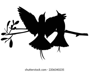 Birds on Branch, Wall Decals, Couple of Birds in Love, Art Decoration, Wall Decor, Birds Silhouette on branch and Hearts Illustrations isolated on white