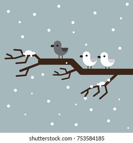 Birds on a branch in winter with snow falling, flat design cute vector illustration,