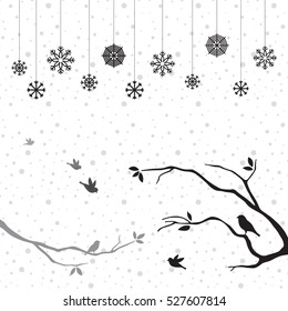 Birds on branches against a background of snow Vector.