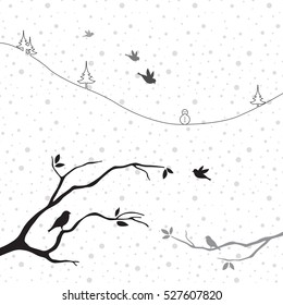 Birds on branches against a background of snow Vector.