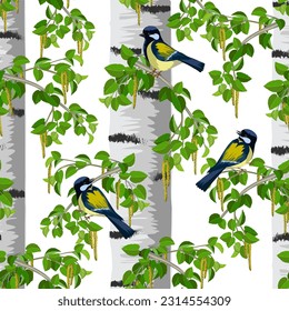 Birds on the branches of birches.Vector pattern with tits on tree branches on a transparent background.