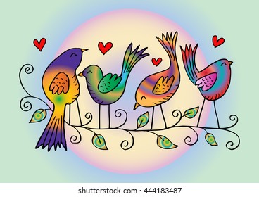 Birds on branches. Cartoon style
