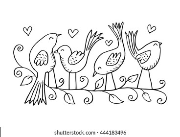 Birds on branches. Cartoon style
