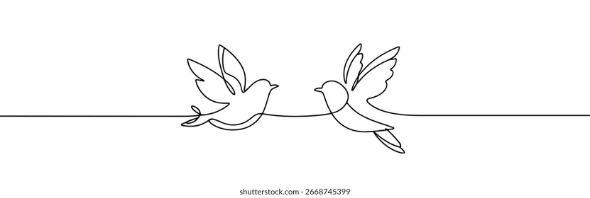 Birds on branches continuous one line drawing. Bird symbol.