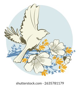  Birds on branches with flowers. Vector illustration.	