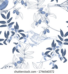 Birds on the branches of honeysuckle. Seamless pattern on white background. Hand-drawn vector Illustration.