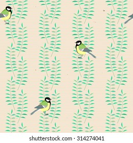 Birds on branches and leaves. Tit. Seamless pattern. Vector.