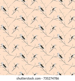 Birds on branches light pink cute pattern seamless vector. Simple pastel colored nestlings on trees for print on fabric.