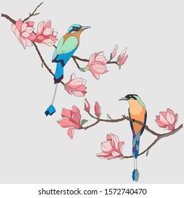 birds on branches with magnolia flowers, drawing in bright colors, isolate on a white background