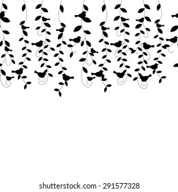the birds on the branches. Seamless grassy floral  texture.Endless horizontal floral pattern. You can use it in textile design, greeting cards, graphic design.