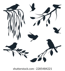 Birds on branches set. Vector illustration