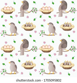 Birds on branches - spring seamless vector pattern. Seamless pattern with birds, nests with eggs and chicks on flowering spring branches. Little birds - sparrows nest and raise chicks.