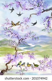 Birds on cherry branch vector