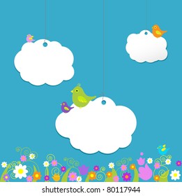 Aves En Nubes, Ilustración Vectorial