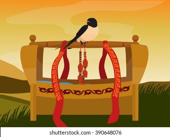 Birds on the cradle vector illustration. Bird protect the baby.