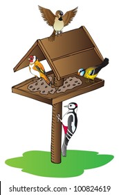 Aves en alimentador - ilustración vectorial.