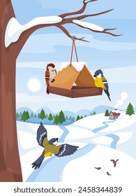 Vögel auf Feeder. Winterlandschaft. Hängendes Haus mit Körnern auf Baum. Spatzen und Meise. Wilde Natur. Titten picken Samen. Kalte Jahreszeit. Fliegende Tierheime. neulich