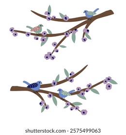 Birds on flowering branches. Sakura branches and colorful birds. Design in flat style. Elements for spring decor. elements for decoration. Vector illustration.