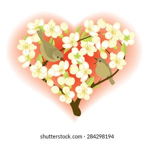 Birds on flowering branches. Vignette in the shape of a heart