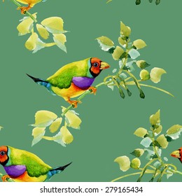 Birds on garden floral twigs watercolor seamless pattern on green background vector illustration