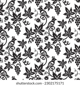 Birds on grape vines, vector seamless pattern in black and white with leaves, grapes, vines, flourish design in vintage style