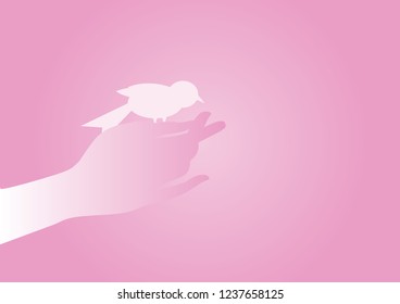 Birds on hand on pink background, vector illustration.