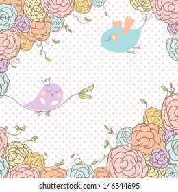 Birds on the love date under the roses, Hand drawn background for invitation or greeting card